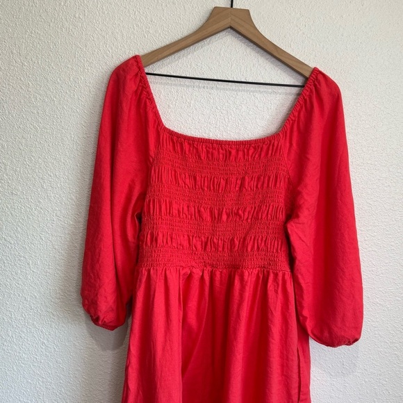 Isabel Maternity Women’s Large Linen Midi Puff Sleeve Dress Smocked Boho Pink - Picture 8 of 8